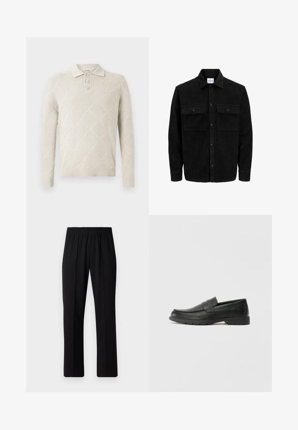 Melnas kordūru pogu jaka ar divām priekšējām atloka kabatām un klasisku apkakli, garām piedurknēm un ribotu tekstūru.; Gai bēšs adīts polo džemperis ar dimanta rakstu, trīs pogu aizdari un ribota piedurkne un apakšmalu.; Melni elastīgi bikses ar taisnas kājas dizainu, ar gludu tekstūru un bez redzamām zīmēm vai detaļām.; Melnas ādas loafers ar gludu apdari, mokasīnu stila augšdaļu, šūtu detalizāciju un gumijas zoli. Klasisks dizains ar zemu papēdi.