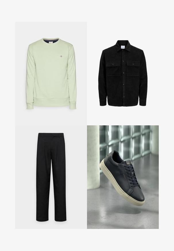 Black corduroy button-up jacket with two front flap pockets and a classic collar, long sleeves, and ribbed texture.; Light green sweatshirt with long sleeves, ribbed cuffs, and hem. Features a small embroidered logo on the chest. Soft texture.; Black trousers made of smooth fabric, featuring a straight-leg design, two front pleats, and standard waistband with belt loops.; Navy leather sneaker with rounded toe, flat laces, and textured sole; features logo on tongue, contrasted by a cream-colored outsole.