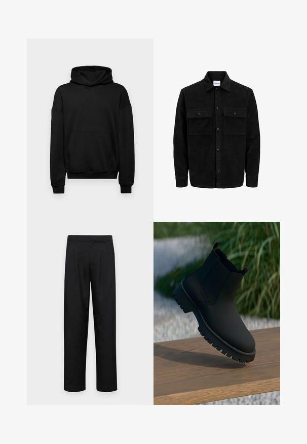 Giacca in corduroy nera con bottoni, due tasche anteriori con patta, colletto classico, maniche lunghe e texture a coste.; Felpa nera in cotone misto, con una grande tasca frontale, polsini a coste e cappuccio con lacci. Design semplice e senza fronzoli.; Pantaloni neri realizzati in tessuto liscio, caratterizzati da un taglio dritto, due pieghe frontali e una vita standard con passanti per la cintura.; Stivale alla caviglia nero con finitura liscia, pannelli laterali elastici e una suola spessa e robusta. Ambientato su uno sfondo naturale su una superficie di legno.