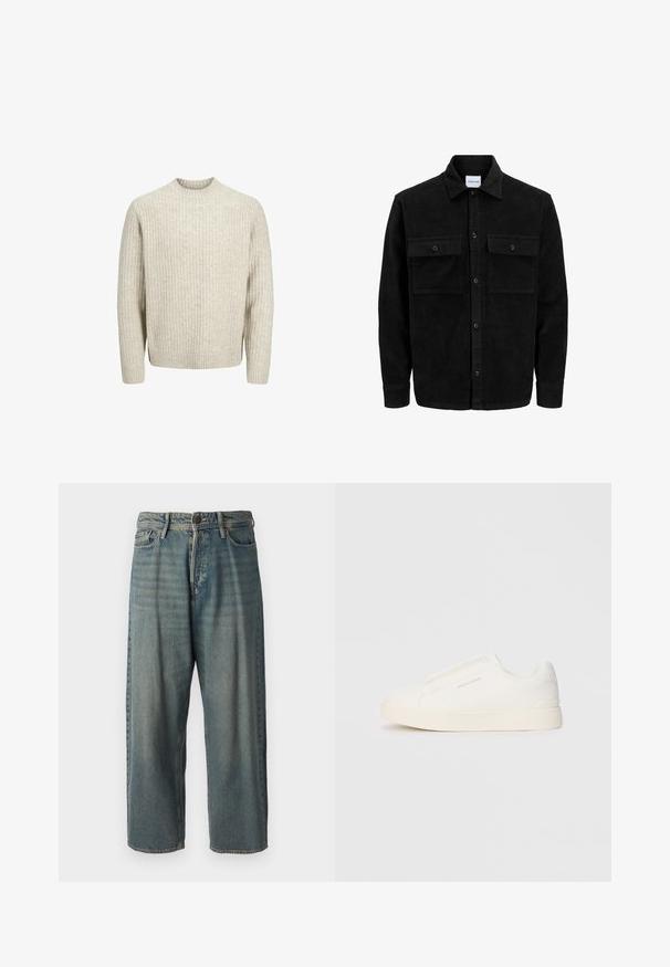 Melnas kordūru pogu jaka ar divām priekšējām atloka kabatām un klasisku apkakli, garām piedurknēm un ribotu tekstūru.; Bežs ribots džemperis ar apaļu kakla izgriezumu, garām piedurknēm un teksturētu audumu. Ar taisnu apakšmalu un elastīgām aprocēm.; Gaiši zili džinsi ar brīvu piegriezumu, vidējo jostas augstumu un taisnām kājām. Satur piecas kabatas, jostas cilpas un pogu aizdari.; Baltas slip-on sporta apavi ar teksturētu virsmu, biezu zoli un minimālistisku dizainu. Sānos redzams zīmola logotips.