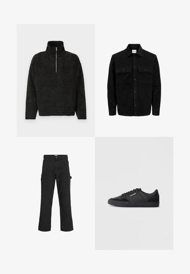 Melnas kordūru pogu jaka ar divām priekšējām atloka kabatām un klasisku apkakli, garām piedurknēm un ribotu tekstūru.; Melnas flīsa polo krekls ar augstu apkakli un ceturtdaļas rāvējslēdzēju priekšā. Iezīmējas ar mīkstu, teksturētu audumu un garām piedurknēm.; Melnas cargo bikses no kokvilnas maisījuma auduma. Iekļauj plašas kājas, priekšējās slīpās kabatas un sānu kabatu ar cilpu aksesuāriem.; Melni sporta apavi ar ādas un zamša materiālu kombināciju, aprīkoti ar apaļajām auklām, teksturētu gumijas zoli un zīmola logotipu sānos.