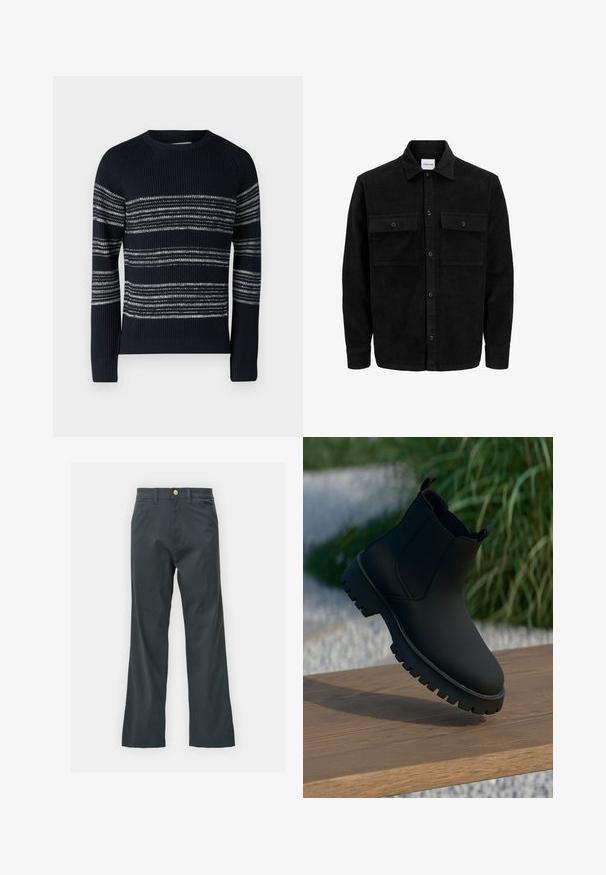 Giacca in corduroy nera con bottoni, due tasche anteriori con patta, colletto classico, maniche lunghe e texture a coste.; Jack & Jones JJPANNEL  - Maglione - navy; Pantaloni neri con taglio dritto, realizzati in tessuto misto cotone. Presentano una chiusura con bottone metallico e tasche laterali. Nessun motivo visibile.; Stivale alla caviglia nero con finitura liscia, pannelli laterali elastici e una suola spessa e robusta. Ambientato su uno sfondo naturale su una superficie di legno.