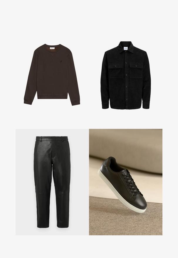 Mustat corduroy-nappi takki, jossa on kaksi etupistotaskua ja klassinen kaulus, pitkät hihat ja ribattu pinta.; Pier One Collegepaita - dark brown; Mustat nahkasuorat lahkeet, joissa on vyölenkit ja sivutaskut, esitettynä yksinkertaisen vaalean taustan edessä.; Mustat nahkaiset lenkkarit valkoisella kumipohjalla ja mustilla nauhoilla, aseteltuna vaaleanbeigejän kankaan pinnan ja taustan päälle.