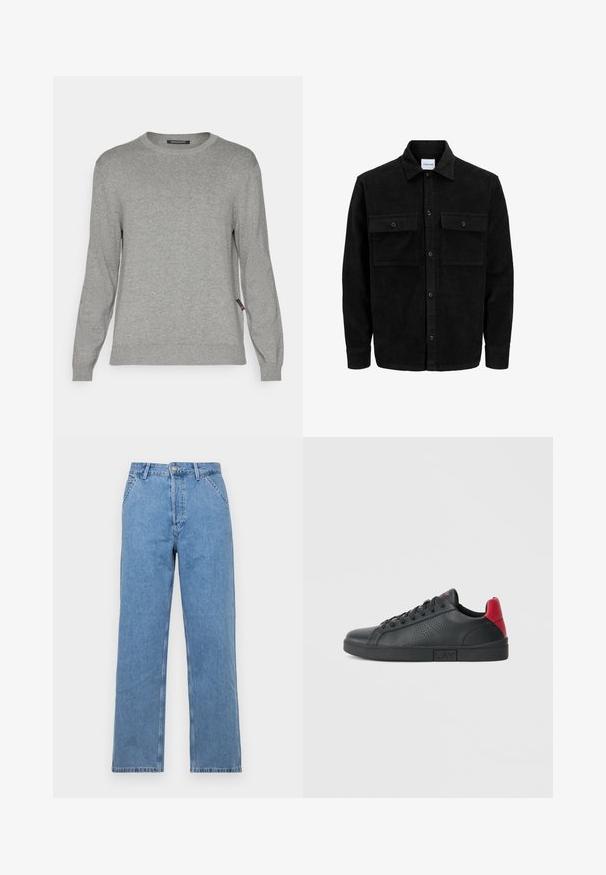 Črna kordurojska jakna z gumbi, z dvema sprednjima žepoma z zavihkom in klasičnim ovratnikom, dolgimi rokavi ter rebrasto teksturo.; Svetilka svetlo sive barve z dolgimi rokavi, okroglim izrezom in rebrastimi manšetami. Ima subtilno teksturo in majhno oznako logotipa na strani.; Svijetloplave traperice ravnog kroja s klasičnim dizajnom s pet džepova, s prednjim kopčanjem na dugme i petljama za remen. Glatka tekstura.; Črne sintetične tenisice z rdečimi poudarki na petah, perforiranim stranskim dizajnom, zaobljenim nosom, ravnim črnim podplatom in črnimi vezalkami.