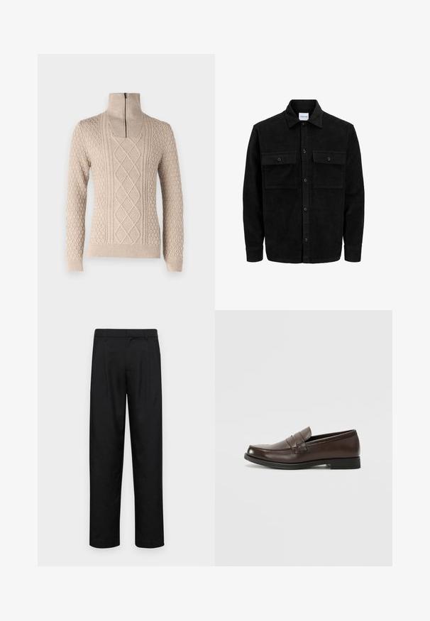 Veste en velours côtelé noire à boutons, avec deux poches à rabat à l'avant et un col classique, des manches longues et une texture côtelée.; Pull beige avec un col montant et une fermeture éclair. Présente des motifs texturés, y compris des torsades et des boules, ainsi que des poignets et un ourlet côtelés.; Pantalons noirs en tissu lisse, avec une coupe droite, deux plis avant et une taille standard avec passants de ceinture.; Mocassin en cuir marron avec un bout arrondi, couture décorative et un petit talon plat. Texture lisse avec des éléments de design discrets.