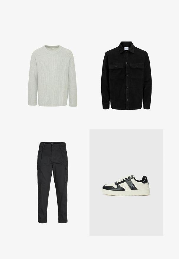 Mustat corduroy-nappi takki, jossa on kaksi etupistotaskua ja klassinen kaulus, pitkät hihat ja ribattu pinta.; Vaaleanharmaa, ribattu neulepaita, jossa on pyöreä kaula-aukko ja kolmivartiset hihat. Paidassa on teksturoitu kuvio ja rento istuvuus.; Mustat cargo-housut, jotka on valmistettu kestävästä kankaasta. Housuissa on useita taskuja, nappisulku ja kapea istuvuus, jossa on kapenevat lahkeet.; Nahkakengät musta-kerma värimaailmassa, joissa on rei'itetyt yksityiskohdat, pehmustettu nilkkaosa ja teksturoitu pohja.