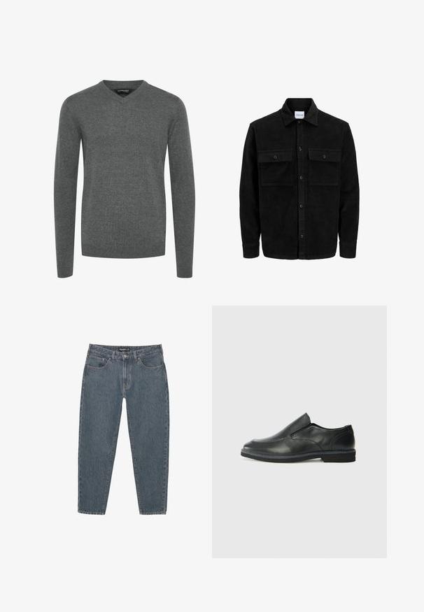 Crni kožni kord jakna na dugmad s dva prednja džepa s preklopom i klasičnim ovratnikom, dugim rukavima i rebrastom teksturom.; Siva V-izrez pulover s dugim rukavima, izrađen od glatkog pletenog materijala. Ima rebraste manžete i donji rub, minimalistički dizajn, bez uzoraka ili ukrasa.; Tamno plave traperice s opuštenim krojem, dizajnom od pet džepova, kopčanjem na dugme i lagano oštrim rubom. Izdržljiv materijal s suptilnom teksturom.; Crne kožne cipele na sklapanje s glatkom gornjom površinom, prošivenim detaljima, zaobljenim vrhom i niskim gumene potplate. Potplat ima minimalne uzorke.