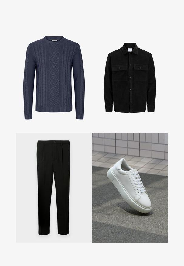 Svart kordfløyels knappjakke med to frontlommer med klaff og klassisk krage, lange ermer og ribbet tekstur.; Marineblå strikkegenser med teksturerte kabelmønstre, rund hals og ribbestrikkede mansjetter og kant. Laget av myk, slitesterk stoff.; Svarte skreddersydde bukser med flat foran, to folder, knappelukking, sidelommer og rette ben. Laget av et glatt stoff.; Hvit lær sneaker med glatt overflate, rund tå og flate hvite snøringer. Har en teksturert gummisåle og minimale design elementer.