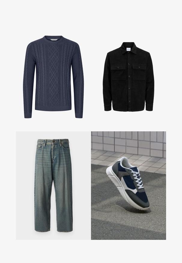 Melnas kordūru pogu jaka ar divām priekšējām atloka kabatām un klasisku apkakli, garām piedurknēm un ribotu tekstūru.; Tumši zila adīta džemperis ar teksturētām kabeli rakstiem, apaļu izgriezumu un ribotām piedurknēm un apakšmalu. Izgatavots no mīkstas, izturīgas auduma.; Gaiši zili džinsi ar brīvu piegriezumu, vidējo jostas augstumu un taisnām kājām. Satur piecas kabatas, jostas cilpas un pogu aizdari.; Sporta apavi ar tumši zilas krāsas tīkla augšdaļu, pelēku zamšādas akcentiem, baltu gumijas zoli un plakaniem baltiem šņorēm, kas izstrādāti komfortam un elpojamībai.