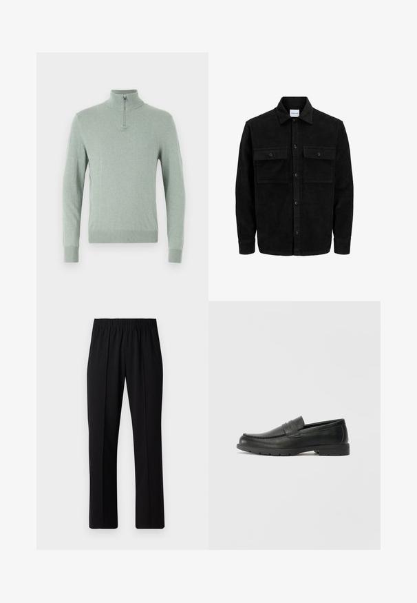 Schwarze Corduroy-Button-Up-Jacke mit zwei frontalem Klappentaschen und klassischem Kragen, langen Ärmeln und gerippter Textur.; Figurbetonter Pullover mit langen Ärmeln in Hellgrün, ausgestattet mit einem hohen Kragen und einem Viertelreißverschluss, geripptem Saum und Bündchen, aus einem weichen Strickmaterial gefertigt.; Schwarze, Gummibund-Hosen mit geradem Schnitt, die eine glatte Textur aufweisen und keine sichtbaren Muster oder Beschläge haben.; Schwarze Lederloafers mit glatter Oberfläche, Mokassin-oberteil, genähten Details und Gummisohle. Klassisches Design mit niedrigem Absatz.