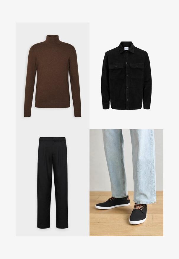 Črna kordurojska jakna z gumbi, z dvema sprednjima žepoma z zavihkom in klasičnim ovratnikom, dolgimi rokavi ter rebrasto teksturo.; Rjav pulover z visokim ovratnikom iz mehkega materiala, ki ima dolge rokave, prilegajočo zasnovo ter rebraste akcentne robove na ovratniku in robu.; Črne hlače iz gladkega materiala, s krojem ravne noge, dvema sprednjima pregiboma in standardnim pasom z zankami za pas.; Črne platnene superge z rjavimi poudarki, belimi gumijastimi podplati in rjavimi vezalkami, v kombinaciji s svetlobluzimi naravnost krojenimi kavbojkami. Ozadje iz lesenih tal.