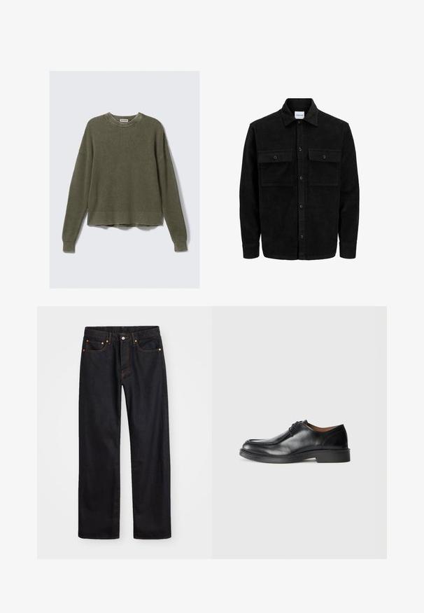 Juodas velveto mygtukų švarkas su dviem priekiniais kišenėmis su atvartais, klasikiniu apykakle, ilgomis rankovėmis ir raukšlėtu paviršiumi.; Olivinės spalvos megztinis su šonkauliniais apykakle, nuleistais pečiais, ilgomis rankovėmis ir sutrumpintu sijonu. Tekstūruota medžiaga su matomais raštais.; Vyrų tiesaus kirpimo juodi džinsai iš denim medžiagos, su penkiomis kišenėmis ir oranžinėmis siūlėmis, su mygtuko ir užtrauktuko uždarymu ant priekio.; Juodų odinių batų su apvalia nosimi, lygiu paviršiumi, raišteliais ir žemu, struktūrizuotu guminio pado padu. Aiškios linijos ir minimalus dizainas.