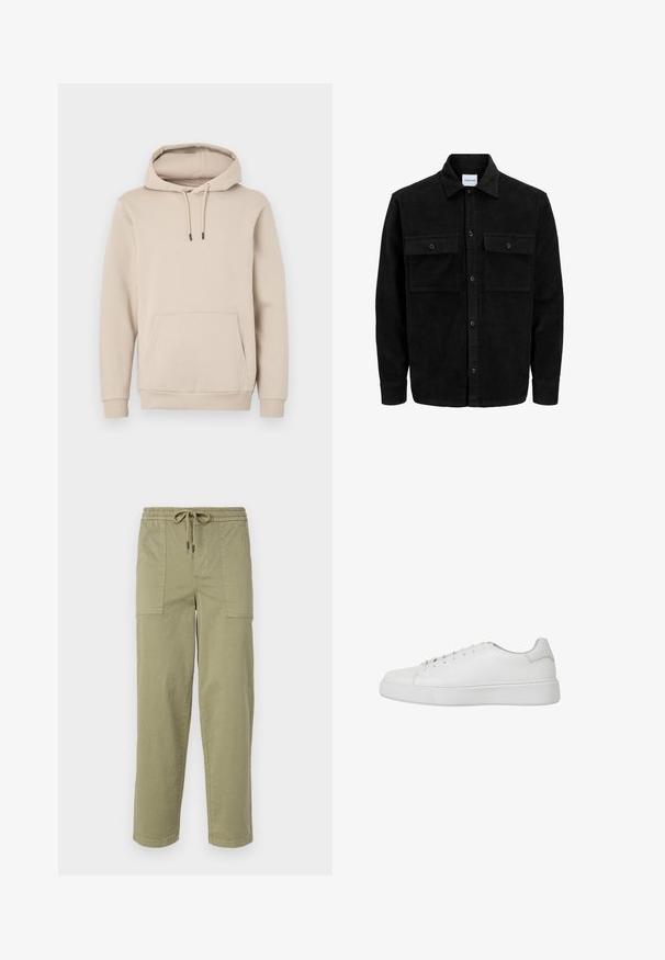 Crni kožni kord jakna na dugmad s dva prednja džepa s preklopom i klasičnim ovratnikom, dugim rukavima i rebrastom teksturom.; Kapuć sweatshirt u svijetloj bež boji, napravljen od mekog materijala. Ima prednji džep i podesive šnure s crnim vrhovima. Rebrasti manžete.; Svijetlo maslinasto zelene hlače od mješavine pamuka, sa elastičnom strukom i vezicom, te dva velika bočna džepa.; Bijele tenisice od glatke kože s okruglim vrhom, šavovima i ravnim gumenenim potplatom. Minimalistički dizajn s vezanjem.