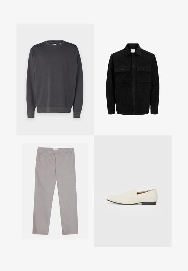 Čierna kordúrová bunda s gombíkmi, dvoma prednými vreckami so záklopkou a klasickým golierom, dlhými rukávmi a ryhovanou textúrou.; Tmavošedá mikina s okrúhlym výstrihom, dlhými rukávmi a rebrovanými manžetami a lemom. Vyrobená z mäkkej, texturovanej tkaniny. Jednoduchý dizajn, bez viditeľných log.; Svetlo šedé bavlnené nohavice s elastickým pásom, dvoma bočnými vreckami, rovnými nohavicami a hladkou textúrou. Jednoduché švy.; Svetlé béžové mokasíny s špicatou špičkou, hladkým materiálom, pásikom cez vamp a nízkou hnedou podrážkou. Jednoduchý dizajn s minimálnymi akcentmi.