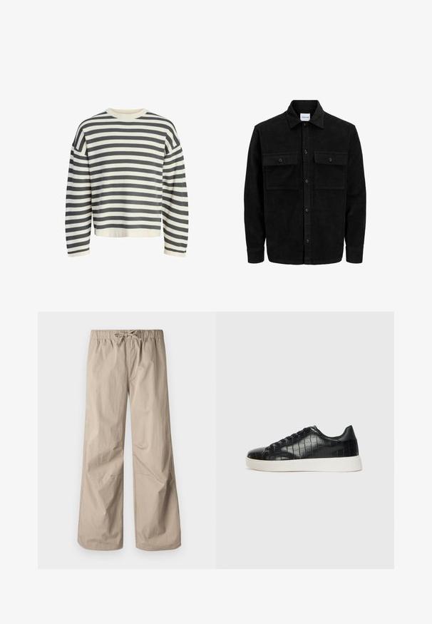 Svart kordfløyels knappjakke med to frontlommer med klaff og klassisk krage, lange ermer og ribbet tekstur.; Stripet genser i krem og mørkegrå, med ribbestrikket rund hals, lange ermer og en avslappet passform med en cropped kant.; Beige vide bukser med elastisk talje og snøre. Glat tekstur, to sidelommer og minimale syninger for en afslappet pasform.; Svarte joggesko med en teksturert krokodille-embossed læroverdel, rund tå og en kontrasterende hvit gummisåle med en glatt overflate.