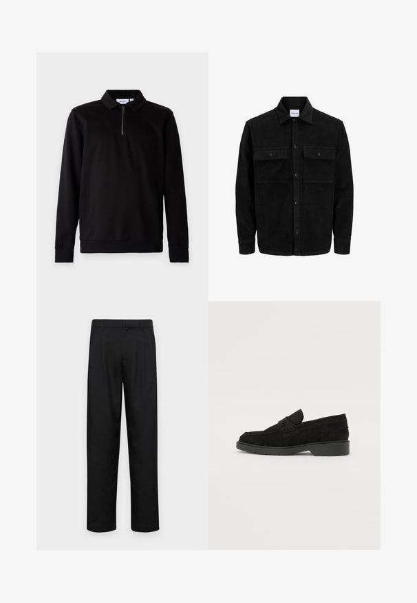 Čierna kordúrová bunda s gombíkmi, dvoma prednými vreckami so záklopkou a klasickým golierom, dlhými rukávmi a ryhovanou textúrou.; Čierny dlhý rukáv pulóver s golierom, predným zipsom na štvrtinu a rebrovanými manžetami a lemom. Mäkká tkanina s hladkou textúrou.; Čierne nohavice vyrobené z hladkej tkaniny, s rovnými nohavicami, dvoma prednými skladmi a štandardným pásom s pútkami na opasok.; Čierne semišové mokasíny s nízkym podpätkom, s jednoduchým pásom naprieč hornou časťou a textúrovanými detailmi po stranách.