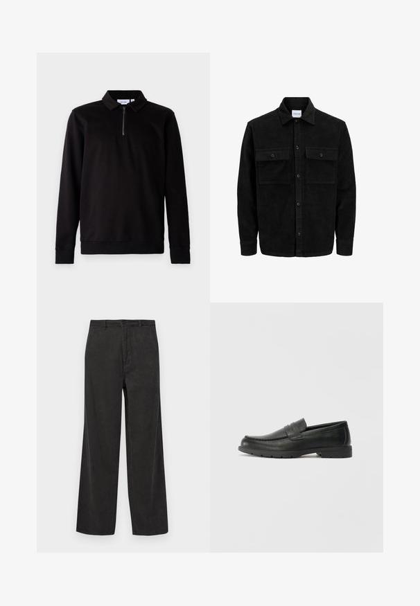 Mustmustöös nupuga jope, millel on kaks eesmist klapiga taskut ja klassikaline kaelus, pikad varrukad ning ribakujuline tekstuur.; Must käsivarrega pullover musta värvi, krae, neljandiku tõmbluku ees ning ribiga varrukate ja äärega. Pehme kangas, millel on sile tekstuur.; Mustard pruunid puuvillased püksid laia sääre kujundusega, millel on vertikaalne ribatekstuur, lukuga ees, nupp kinnitamiseks ja ees taskud.; Musthave nahkkingad siledast nahast, mokassiini stiilis ülevalt, tikanditega ja kummist tallaga. Klassikaline disain madala kontsaga.