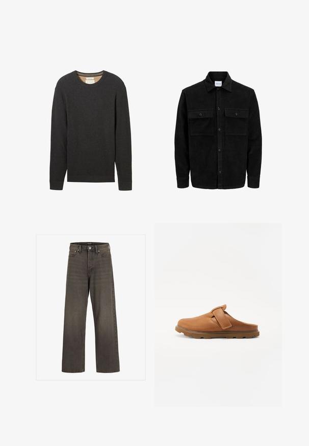 Chaqueta de pana negra con botones, dos bolsillos delanteros con solapa y un cuello clásico, mangas largas y textura acanalada.; Jersey negro acanalado con cuello redondo y mangas largas. Tejido texturizado y etiqueta visible en el cuello.; Jeans de pierna ancha en denim gris oscuro, con una cintura alta, diseño clásico de cinco bolsillos y costuras en contraste a lo largo de las costuras.; Zuecos de cuero marrón sin cordones con una correa de Velcro, que presentan una parte superior texturizada, punta redonda y una suela de goma resistente.
