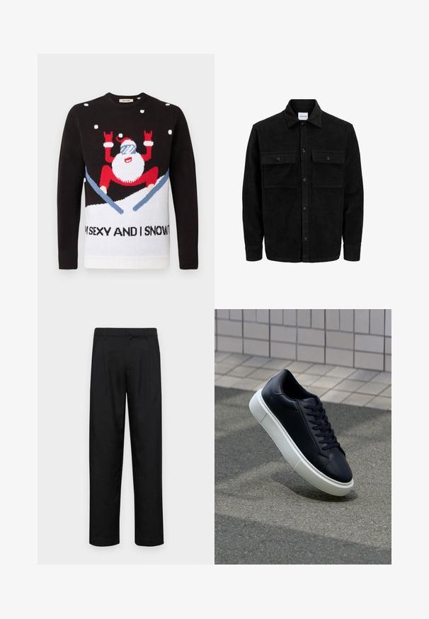 Black corduroy button-up jacket with two front flap pockets and a classic collar, long sleeves, and ribbed texture.; Black knit sweater with white lower section featuring a Santa figure in red with sunglasses and snow. Text reads, "I'M SEXY AND I SNOW IT."; Black trousers made of smooth fabric, featuring a straight-leg design, two front pleats, and standard waistband with belt loops.; Black leather sneaker with rounded toe and white rubber sole. Features flat laces and minimal stitching on the upper. Textured sole for grip.