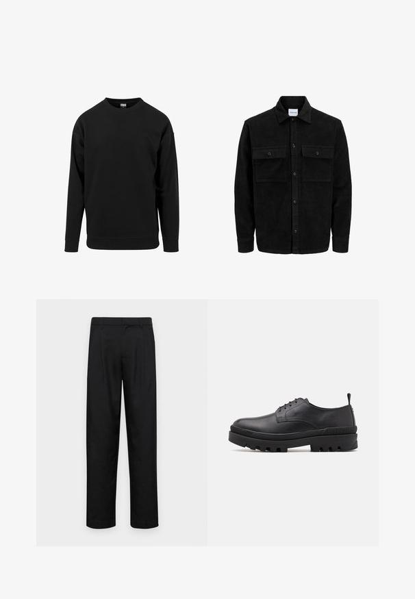 Melnas kordūru pogu jaka ar divām priekšējām atloka kabatām un klasisku apkakli, garām piedurknēm un ribotu tekstūru.; Melnā džemperis, kas izgatavots no mīkstas auduma. Tam ir apaļš izgriezums, garas piedurknes un ribota apakšdaļa un piedurknes. Vienkāršs, neizsmalcināts dizains.; Melnas bikses, izgatavotas no gludas auduma, ar taisnu kāju dizainu, divām priekšējām krokām un standarta jostu, kurai ir āķi.; Melnas ādas kurpes ar noapaļotu purngalu, auklu saistīšanas dizainu un masīvu gumijas zoli. Iespējojams paplašinājums uz papēža un teksturēti akcenti.