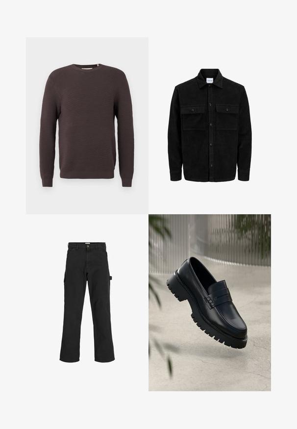 Czarna kurtka z korduru z guzikami, z dwoma przednimi kieszeniami na klapki oraz klasycznym kołnierzem, długimi rękawami i ryżowym splotem.; Ciemnobrązowy sweter typu crewneck z prążkowanego dzianiny, z długimi rękawami i dopasowanymi mankietami.; Czarne spodnie cargo z mieszanki bawełny. Posiadają szerokie nogawki, ukośne kieszenie z przodu oraz kieszeń boczną z pętlą na akcesoria.; Czarne skórzane mokasyny z grubą podeszwą, z dekoracyjnym paskiem i detalami w st więcej. Gładka struktura z polerowanym wykończeniem.