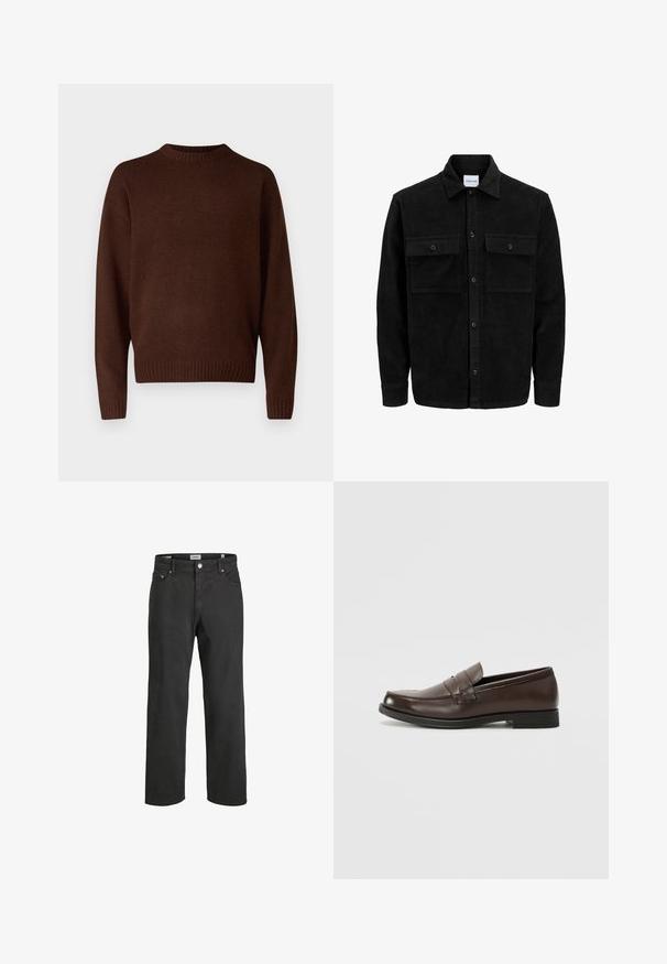 Schwarze Corduroy-Button-Up-Jacke mit zwei frontalem Klappentaschen und klassischem Kragen, langen Ärmeln und gerippter Textur.; Brauner gestrickter Pullover mit rundem Ausschnitt, langen Ärmeln und gerippten Bündchen. Das Material hat eine strukturierte Oberfläche, die weich aussieht.; Schwarze gerade geschnittene Jeans aus Baumwolle mit klassischem Fünf-Taschen-Design, Knopfverschluss und dezenten Nähdetails.; Brauner Lederloafer mit abgerundetem Zehenbereich, dekorativer Naht und kleinem, flachem Absatz. Glatte Textur mit zurückhaltenden Designelementen.