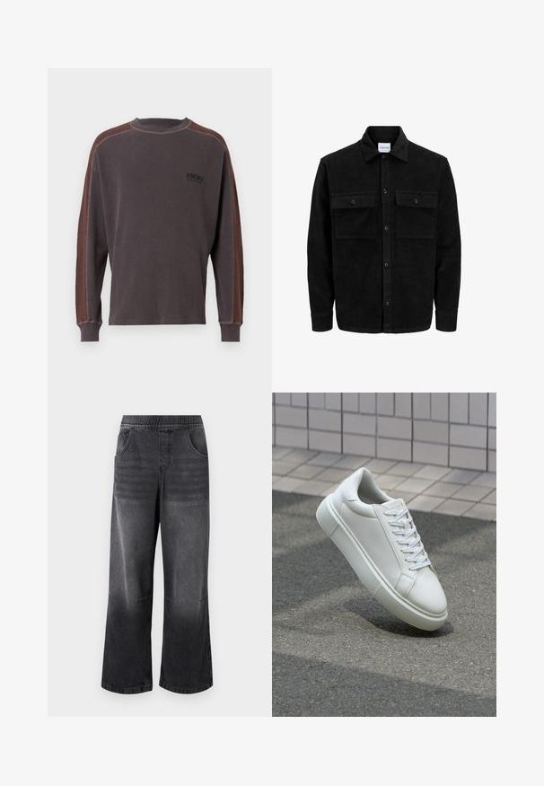 Jachetă din catifea neagră, cu butoni, două buzunare frontale cu clapetă și un guler clasic, mâneci lungi și textură ribbed.; Hanorac cu mâneci lungi, de culoare gri închis, cu panouri laterale contrastante de culoare maro. Material texturat, cu manșete ribbate și un mic detaliu cu logo pe piept.; Pantaloni largi din denim negru cu talie elastică, având două buzunare laterale și o nuanță gradient care se estompează într-o culoare mai deschisă la margini.; Sneaker alb din piele cu o suprafață netedă, vârf rotund și șireturi plate albe. Dispune de o talpă din cauciuc texturată și elemente de design minimale.