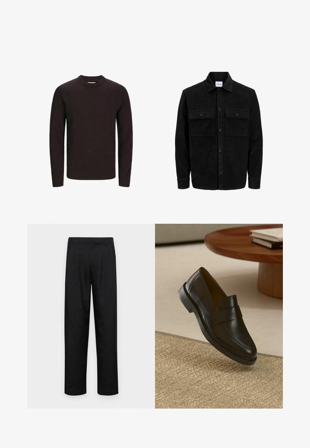 Mustat corduroy-nappi takki, jossa on kaksi etupistotaskua ja klassinen kaulus, pitkät hihat ja ribattu pinta.; Ruskea pyöreäkauluksinen neulepaita, joka on valmistettu pehmeästä neulosteknologiasta. Mukana pitkät hihat sekä ribbireunus helmoissa ja hihoissa tiiviin istuvuuden saavuttamiseksi. Yksinkertainen, tasavärinen muotoilu.; Mustat housut, jotka on valmistettu sileästä kankaasta, suoran lahkeen muotoilulla, kahdella etupleekillä ja tavanomaisella vyötäröllä, jossa on vyölenkit.; Musta nahkakengät, joissa on sileä pinta, pyöreä kärki ja koristeellinen hihna yläosassa. Matala kuminen korko, joka on asetettu tekstuuripinnalle.