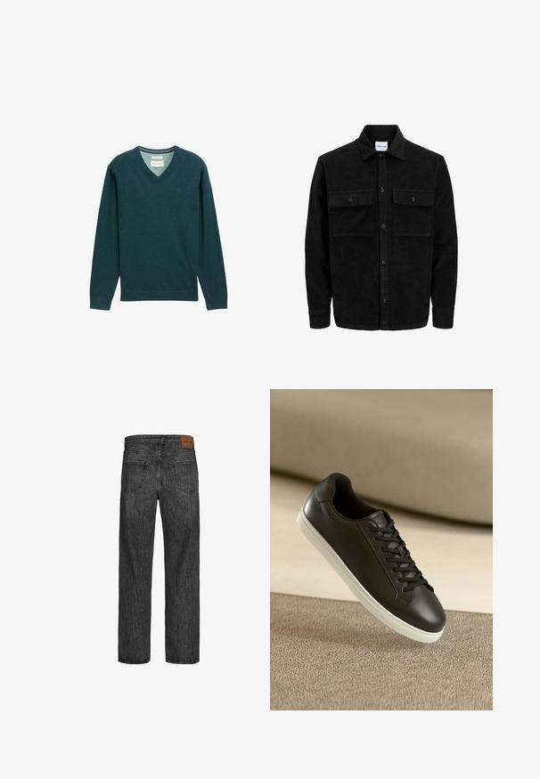 Mustmustöös nupuga jope, millel on kaks eesmist klapiga taskut ja klassikaline kaelus, pikad varrukad ning ribakujuline tekstuur.; Tumed teal värvi V-kaelusega sviiter, mis on valmistatud pehmest kangast; omab pikki varrukaid, ribaga mansette ja kaeluse juures brändingu silt.; Mustad denim püksid otse sääre lõikega, viie taskuga stiil ja pruun nahkplekk vöökohtas. Tekstuuriga kangas, millel on õmblusdetailid.; Mustad nahast tennisetossud valge kummist tallaga ja mustade paeltega, paigutatud beežile kangapinnale ja -taustale.