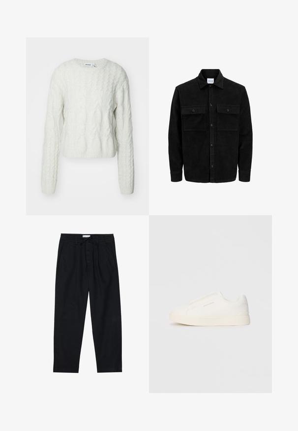 Black corduroy button-up jacket with two front flap pockets and a classic collar, long sleeves, and ribbed texture.; Weekday JESPER - Jumper - ecru; Pier One Chinos - black; White slip-on sneakers with a textured surface, a thick sole, and minimalistic design. Features brand logo on the side.
