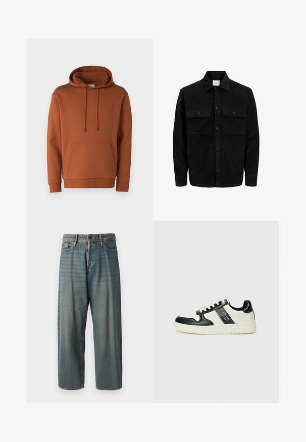 Schwarze Corduroy-Button-Up-Jacke mit zwei frontalem Klappentaschen und klassischem Kragen, langen Ärmeln und gerippter Textur.; Jack & Jones JJEBRADLEY HOOD - Sweatshirt - mocha bisque; Helle blaue Denim-Jeans mit lockerer Passform, mittelhoher Taille und geraden Beinen. Hat fünf Taschen, Gürtelschlaufen und einen Knopfverschluss.; Leder-Sneaker in Schwarz- und Cremetönen, mit perforierten Akzenten, einem gepolsterten Kragen und einer strukturierten Laufsohle.