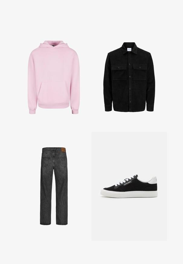 Giacca in corduroy nera con bottoni, due tasche anteriori con patta, colletto classico, maniche lunghe e texture a coste.; Felpa rosa chiaro realizzata in tessuto morbido. Presenta una tasca a marsupio frontale, cappuccio con cordino e polsini a coste per una vestibilità aderente. Design semplice.; Jeans in denim nero con un design a gamba dritta, stile a cinque tasche e una toppa in pelle marrone in vita. Tessuto testurizzato con dettagli di cucitura.; Jack & Jones JFWMORDEN COMBO - Sneakers basse - anthracite