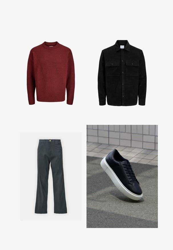 Schwarze Corduroy-Button-Up-Jacke mit zwei frontalem Klappentaschen und klassischem Kragen, langen Ärmeln und gerippter Textur.; Roter Strickpullover mit Rundhalsausschnitt, gerippten Bündchen und Saum, aus strukturiertem Stoff. Die Silhouette ist locker und oversized.; Schwarze Hose mit geradem Bein, aus einem Baumwollmix. Verfügt über einen Metallknopfverschluss und seitliche Taschen. Keine sichtbaren Muster.; Schwarze Leder-Sneaker mit runder Zehenpartie und weißer Gummisohle. Verfügt über flache Schnürsenkel und minimale Nähte im Obermaterial. Strukturiertes Sohlenprofil für besseren Halt.