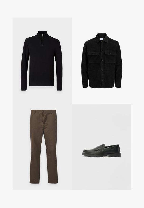 Juodas velveto mygtukų švarkas su dviem priekiniais kišenėmis su atvartais, klasikiniu apykakle, ilgomis rankovėmis ir raukšlėtu paviršiumi.; Juodas ilgomis rankovėmis megztinis su aukšta apykakle ir trumpu sidabriniu užtrauktuku priekyje.; Rudos medvilnės kelnės su tiesiu siluetu, turi mygtukų užsegimą ir diržo kilpas, lygus paviršius be raštų ar akcentų.; Juodai odiniai loaferiai su sklandžiu paviršiumi, mokasino stiliaus viršus, siuvinėjimu ir guminėmis padangomis. Klasikinis dizainas su žemu kulnu.
