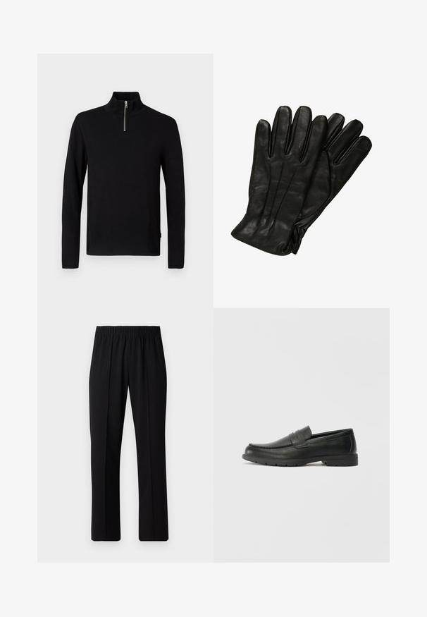 Sort fløjl button-up jakke med to frontlommer og klassisk krave, lange ærmer og ribbet tekstur.; Sort langærmet sweater med høj krave og en kort sølv lynlås i midten foran.; Sorte bukser med elastisk talje og lige ben, der har en glat tekstur og ingen synlige mønstre eller hardware.; Sorte læderslippers med en glat finish, mokkasin-stil overdel, syninger og gummisål. Klassisk design med en lav hæl.; Sorte læderhandsker med en glat tekstur, fem fingre og subtile syninger. Klassisk design, egnet til brug i koldt vejr.