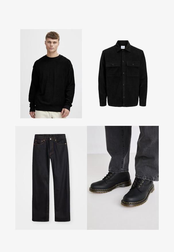 Mustmustöös nupuga jope, millel on kaks eesmist klapiga taskut ja klassikaline kaelus, pikad varrukad ning ribakujuline tekstuur.; Mustmust mustriided pusa pehmete struktuurse kangaga. Omab ümarat kaelust ning kontrastseid musti soonikkoes käe- ja allääriseid.; Meeste sirge jala mustad denim teksad viie taskuga, oranž õmblus, nupu ja tõmblukuga ees nagu vöökoht.; Mustad musta nahast nööriga saapad, millel on tekstureeritud viimistlus, paks kummitald ja kollased õmblused, kantuna hallide denimipükstega.