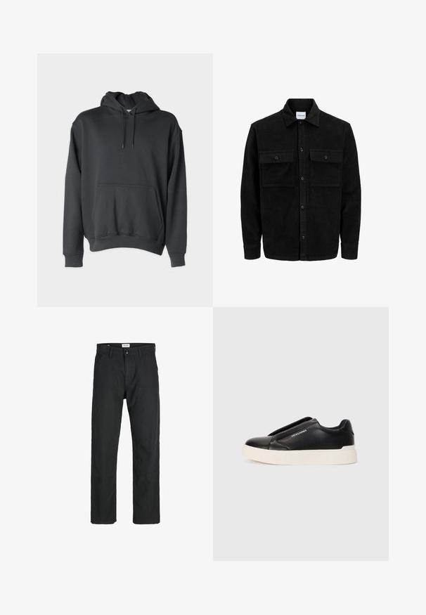 Giacca in corduroy nera con bottoni, due tasche anteriori con patta, colletto classico, maniche lunghe e texture a coste.; Felpa grigia scuro realizzata in tessuto morbido, con tasca frontale, cordini sul cappuccio e polsini e orlo a coste.; Pantaloni neri realizzati in tessuto resistente, caratterizzati da un design a gamba dritta, dettagli cuciti e due tasche frontali per la funzionalità.; Sneaker nera slip-on con parte superiore in pelle texturizzata, suola in gomma bianca e senza lacci visibili. Presenta il logo del marchio sul lato.