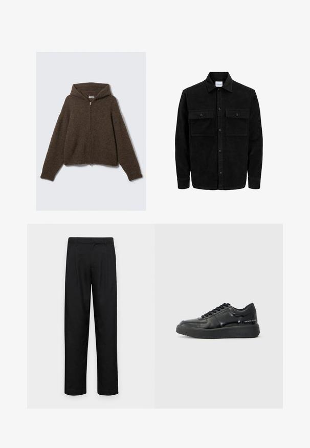 Schwarze Corduroy-Button-Up-Jacke mit zwei frontalem Klappentaschen und klassischem Kragen, langen Ärmeln und gerippter Textur.; Brauner Zip-Hoodie aus weichem, strukturiertem Stoff. Mit einem gerippten Saum und Bündchen sowie einem Frontreißverschluss.; Schwarze Hose aus glattem Stoff, mit geradem Bein Design, zwei vorderen Falten und einem Standardbund mit Gürtelschlaufen.; Schwarze LederSneaker mit glatter Oberfläche, runder Zehenform und kontrastierender schwarzer Gummisohle. Mit flachen Schnürsenkeln und Branding an der Seite.