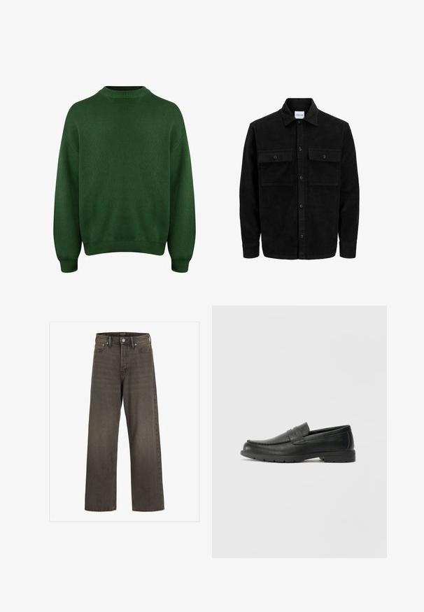 Juodas velveto mygtukų švarkas su dviem priekiniais kišenėmis su atvartais, klasikiniu apykakle, ilgomis rankovėmis ir raukšlėtu paviršiumi.; Žalias megztinis su aukštu kaklu, nuleistais pečių siūlais ir raštuotomis rankogaliais bei apačia. Ypatybė - tekstūruota, minkšta medžiaga.; Plati kojinės džinsai tamsiai pilkos spalvos džinsinio audinio, su aukštu liemeniu, klasikinio penkių kišenių dizainu ir kontrastinga siuvimo linija siūlėse.; Juodai odiniai loaferiai su sklandžiu paviršiumi, mokasino stiliaus viršus, siuvinėjimu ir guminėmis padangomis. Klasikinis dizainas su žemu kulnu.