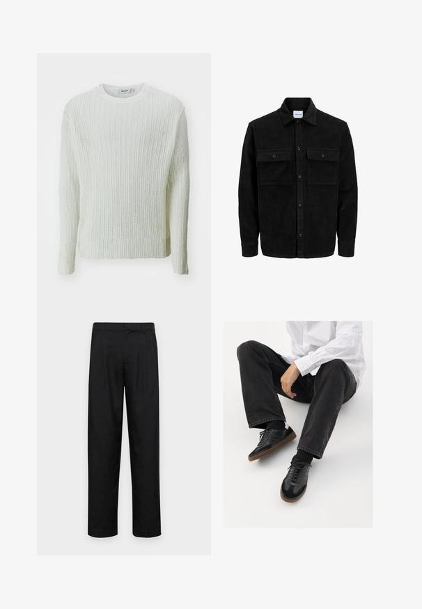 Giacca in corduroy nera con bottoni, due tasche anteriori con patta, colletto classico, maniche lunghe e texture a coste.; Weekday JORDAN REGULAR - Maglione - white; Pantaloni neri realizzati in tessuto liscio, caratterizzati da un taglio dritto, due pieghe frontali e una vita standard con passanti per la cintura.; Sneaker nere con una tomaia liscia e testurizzata, con suola in gomma e lacci scuri. Abbinati a jeans neri e una camicia bianca a righe.