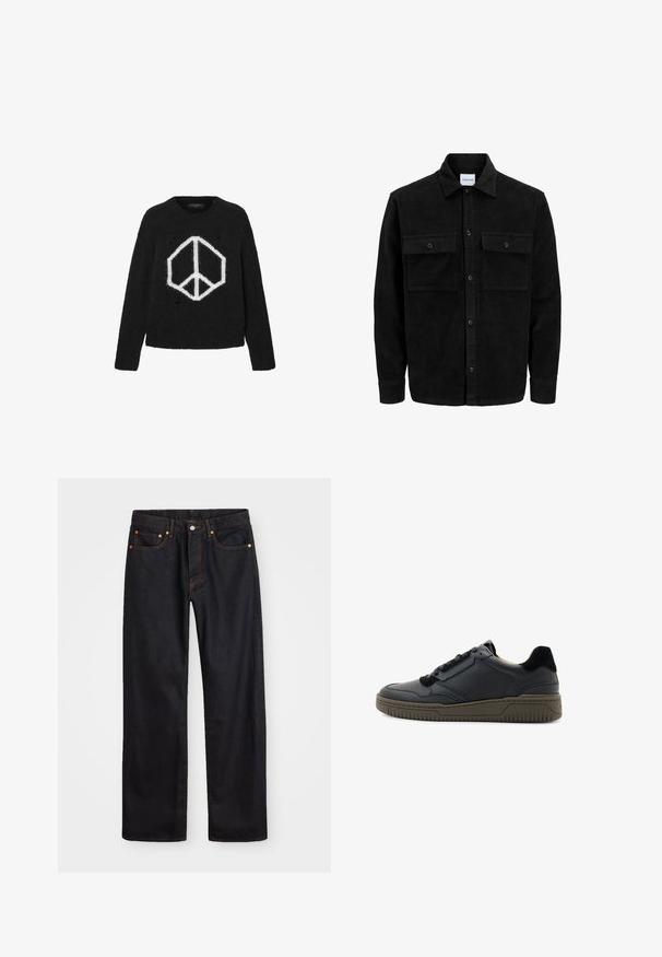 Czarna kurtka z korduru z guzikami, z dwoma przednimi kieszeniami na klapki oraz klasycznym kołnierzem, długimi rękawami i ryżowym splotem.; Czarny wełniany sweter z białym graficznym znakiem pokoju, okrągłym dekoltem, długimi rękawami i postrzępieniami w tkaninie.; Męskie jeansy w prostym kroju, czarne, z pięcioma kieszeniami oraz pomarańczowymi strefami, z zapięciem na guzik i zamek z przodu w pasie.; Czarny sneaker z materiałów skórzanych i zamszowych, z gładkimi i teksturowanymi akcentami, o niskim profilu, okrągłym czubku i gumowej podeszwie. Subtelny detal z logo.