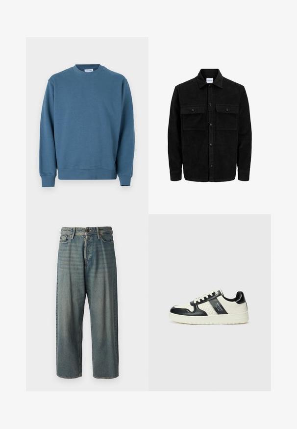 Jachetă din catifea neagră, cu butoni, două buzunare frontale cu clapetă și un guler clasic, mâneci lungi și textură ribbed.; Hanorac din bumbac albastru, cu guler rotund, manșete ribbate și tiv drept. Prezintă o textură netedă și o croială relaxată.; Jeans din denim bleu deschis, cu o croială lejeră, talie medie și picioare drepte. Au cinci buzunare, bucle pentru curea și închidere cu nasture.; Tenisi din piele cu un scheme de culori negru și crem, dotati cu accente perforate, guler căptușit și o talpă texturată.