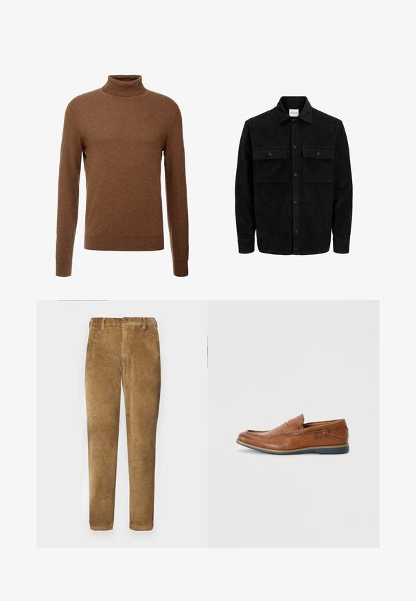 Giacca in corduroy nera con bottoni, due tasche anteriori con patta, colletto classico, maniche lunghe e texture a coste.; Maglione dolcevita marrone realizzato in tessuto morbido, con maniche lunghe, polsini a coste e un design aderente senza motivi visibili.; Pantaloni in corduroy marroni con texture a coste verticali, taglio dritto, chiusura con bottone e passanti per cintura. Tessuto morbido con una finitura liscia.; Mocassini in pelle marrone con punta tondeggiante, dettagli cuciti e suola in gomma bassa. Il design presenta una banda sulla parte superiore.