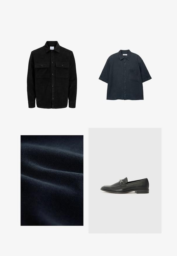 Zwarte corduroy knopenjack met twee voorste klepzakken en een klassieke kraag, lange mouwen en ribbelstructuur.; Donkerblauwe kortekapas button-up shirt van lichtgewicht stof, met een borstzak en een klassiek kraagontwerp.; Marine stof met een gestructureerde weving, die zachte plooien en een gladde afwerking vertoont, die het licht op een subtiele manier reflecteert.; Zwarte leren instapper met een gladde afwerking, voorzien van een gestikt ontwerp en een decoratieve metalen kettingaccent over de wreef. Platte hak.