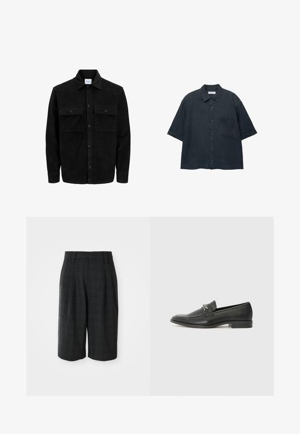 Svart kordflodjacka med knappar, två framfickor med klaff och klassisk krage, långa ärmar och ribbad textur.; Mörkblå kortärmad skjorta med knappstängning, tillverkad av lättviktsmaterial, med en bröstficka och en klassisk kragsdesign.; Mörkgrå knälånga skräddarsydda shorts med subtilt rutig mönster och bältesöglor på en enfärgad vit bakgrund.; Svart läderloafers med en slät yta, med en sydd design och en dekorativ metallkedjeaccent över västen. Platt häldesign.