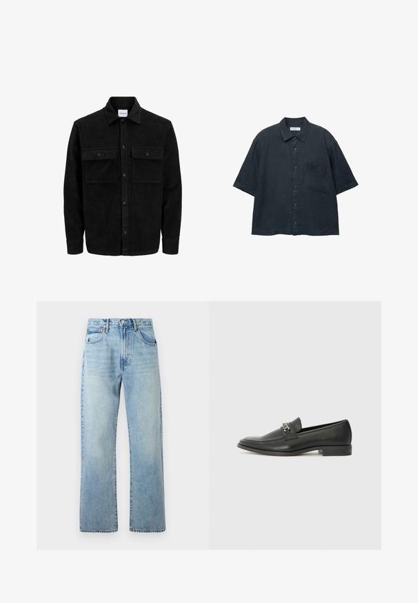 Zwarte corduroy knopenjack met twee voorste klepzakken en een klassieke kraag, lange mouwen en ribbelstructuur.; Donkerblauwe kortekapas button-up shirt van lichtgewicht stof, met een borstzak en een klassiek kraagontwerp.; Lichtblauwe denim jeans met wijde rechte benen, vijf-vaks ontwerp en een riemlus in de tailleband. De stof vertoont een iets vervaagde textuur.; Zwarte leren instapper met een gladde afwerking, voorzien van een gestikt ontwerp en een decoratieve metalen kettingaccent over de wreef. Platte hak.