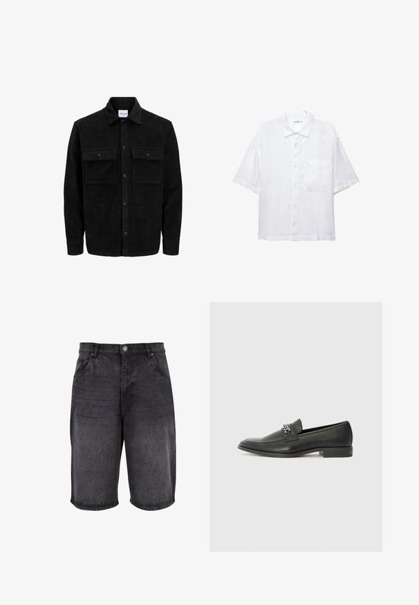 Giacca in corduroy nera con bottoni, due tasche anteriori con patta, colletto classico, maniche lunghe e texture a coste.; Camicia bianca a maniche corte con chiusura a bottoni, colletto e una singola tasca sul petto. Realizzata in tessuto leggero con una texture liscia.; Shorts in denim nero con una vestibilità rilassata, design a cinque tasche e chiusura con bottone. Il tessuto ha una texture liscia con un leggero effetto sbiadito.; Mocassino in pelle nera con finitura liscia, caratterizzato da un design cucito e da un accento decorativo in catena metallica sul vamp. Tacco piatto.