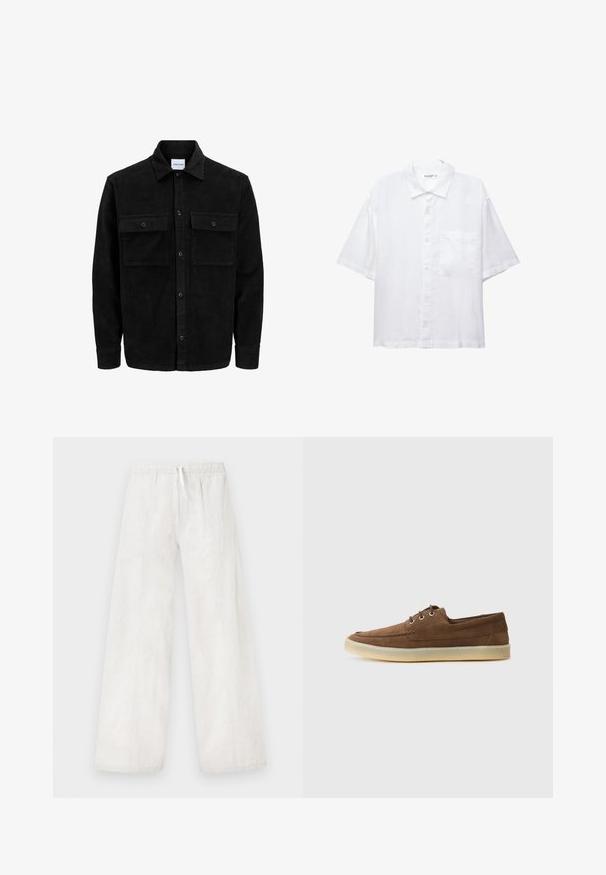 Giacca in corduroy nera con bottoni, due tasche anteriori con patta, colletto classico, maniche lunghe e texture a coste.; Camicia bianca a maniche corte con chiusura a bottoni, colletto e una singola tasca sul petto. Realizzata in tessuto leggero con una texture liscia.; Pantaloni larghi bianchi in lino con vita elasticizzata e dettaglio con cordino. Tessuto liscio e taglio dritto, con cuciture laterali.; Scarpe in suede marrone con profilo basso, design con lacci, suola in gomma e dettagli di cucitura a contrasto. Stile semplice e funzionale.