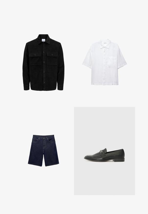 Mustat corduroy-nappi takki, jossa on kaksi etupistotaskua ja klassinen kaulus, pitkät hihat ja ribattu pinta.; Valkoinen lyhythihainen paita nappikiinnityksellä, kauluksella ja yhdellä rintataskulla. Valmistettu kevyestä kankaasta, jossa on sileä rakenne.; Tummansiniset farkkushortsit, joissa on klassinen leikkaus, viisi taskua ja kontrastivärinen ommel. Sileä rakenne ja vankka vyötärö.; Musta nahkakengät, joissa on sileä pinta, koristeelliset ompeleet ja metalliketjun yksityiskohta kengän päällä. Littee korko.