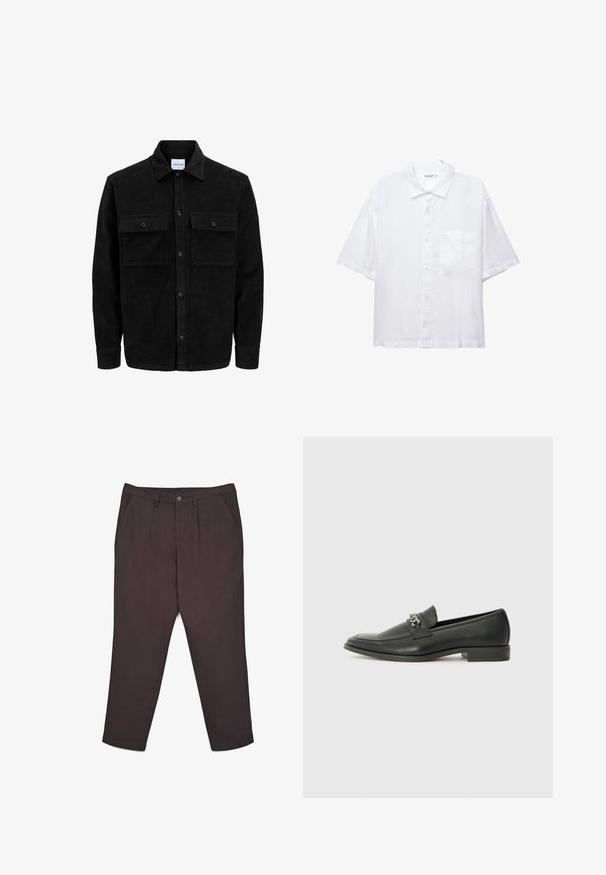Schwarze Corduroy-Button-Up-Jacke mit zwei frontalem Klappentaschen und klassischem Kragen, langen Ärmeln und gerippter Textur.; Weißes Kurzarmhemd mit Knopfleiste, Kragen und einer Brusttasche. Aus leichtem Stoff mit glatter Textur gefertigt.; Dunkelgraue Hosen aus weichem Stoff, mit einem Knopfverschluss, zwei Seitentaschen und einem geraden Schnitt.; Schwarzer Lederloafer mit glatter Oberfläche, ausgestattet mit einer gesteppten Gestaltung und einem dekorativen Metallkettendetail über dem Vorderblatt. Flacher Absatz.